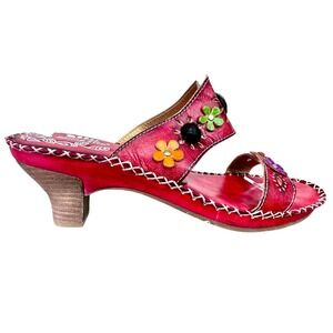 Spring Step L'Artiste Via Red Floral Whipstitch Kitten Heel Slide Sandal 10.5 11